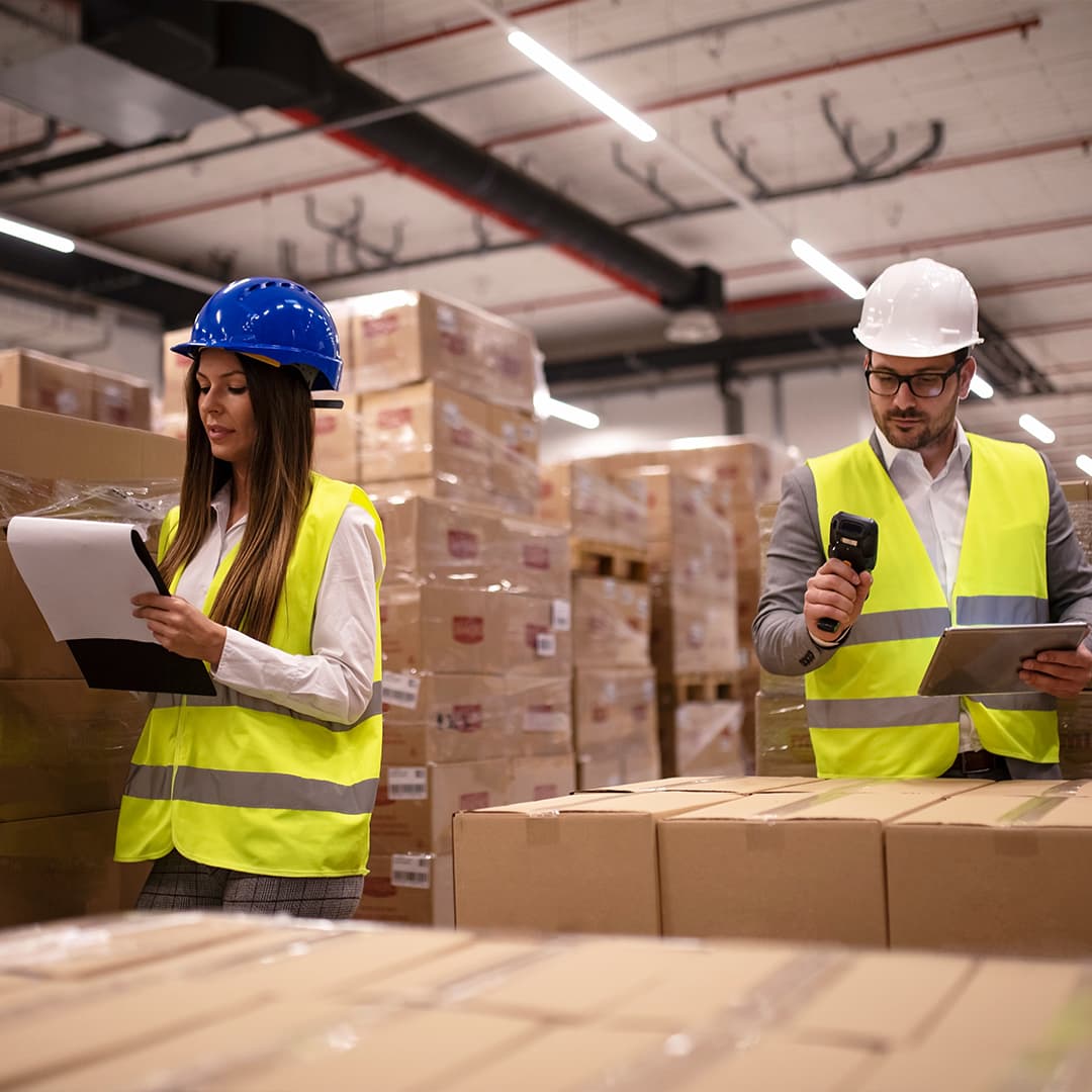 Warehouse staff checking and scanning palletized cargo